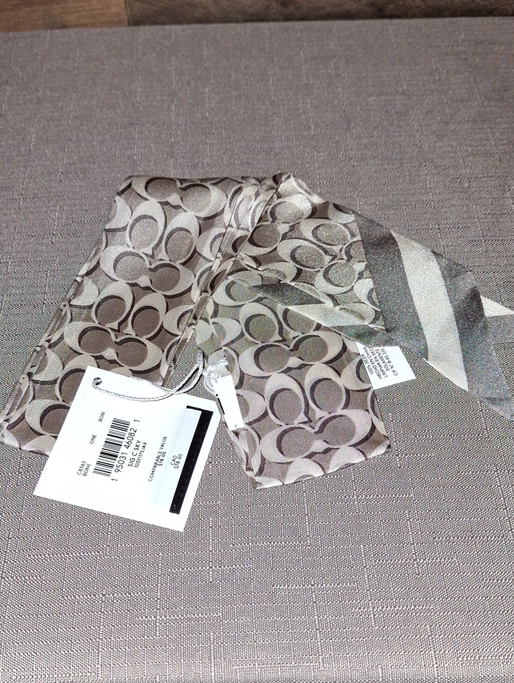 Coach Signature Logo Silk Scarf in Taupe and Ivory